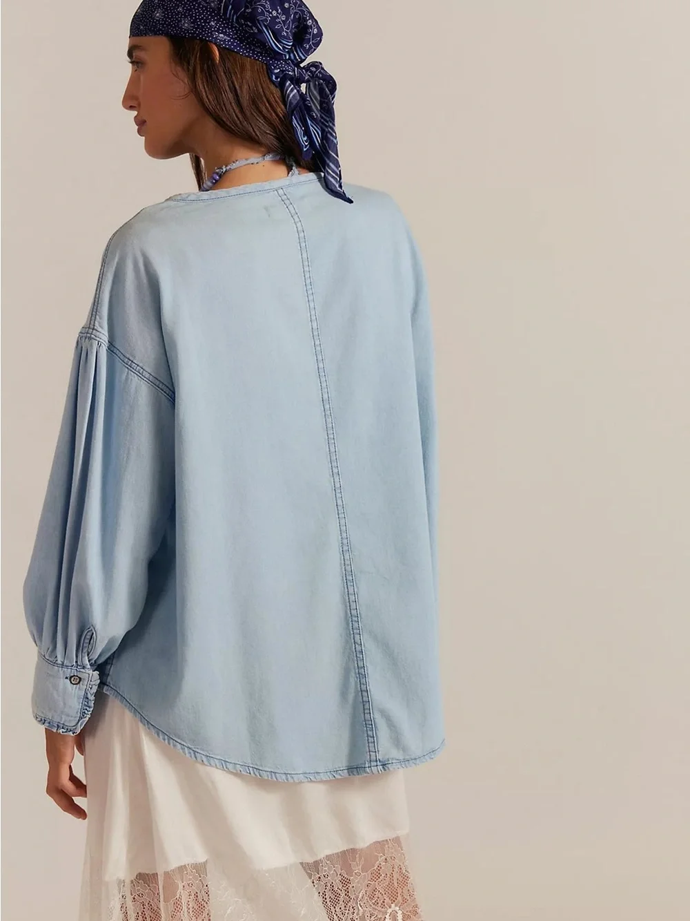 Free People Bohemian Oversized Denim Chambray Dreaming Pullover Tunic Shirt XS